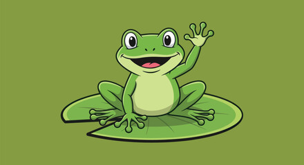 Cartoon frog on a lilypad waves. Simple, bright green and happy art