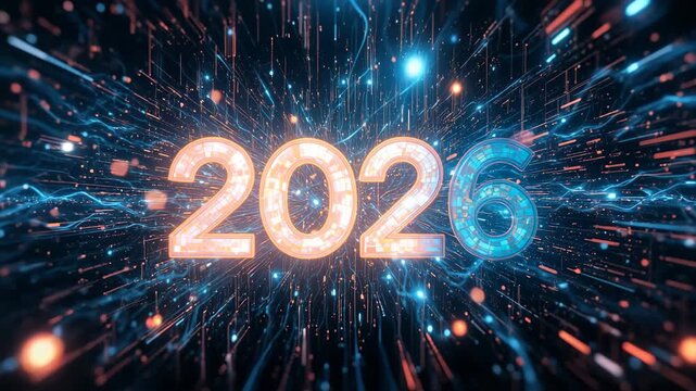 Happy New Year 2026 fireworks and celebration illustration card design with star light for the technology vive