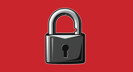 An opened, cartoon-style padlock graphic sits centrally on a red background