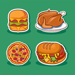 Vector cartoon illustration of a traditional set of fast food meal On Green Background