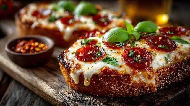 Mouth-watering close-up of homemade pepperoni pizza on thick, toasted bread with bubbling melted mozzarella cheese and fresh basil leaves on a wooden board.