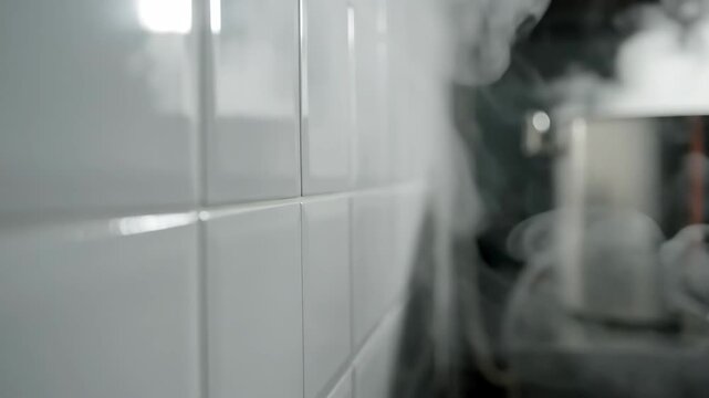 Cooking pot releasing steam in a kitchen environment, capturing the process effectively