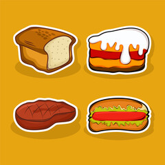 Tasty Food Set Vector Illustration Cartoon Items Bread Steak Cake and Hotdog