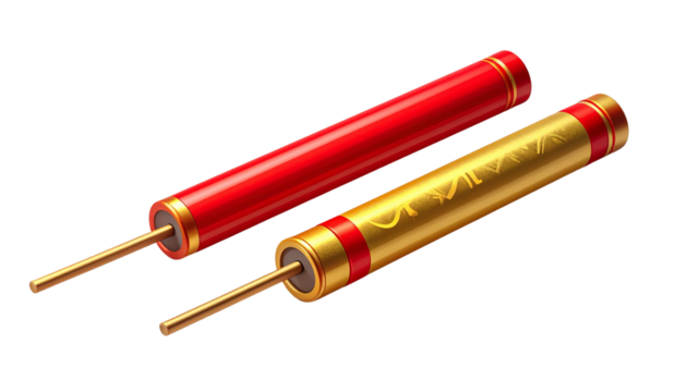 3D Red and Gold Firecracker Stick Duo isolated on transparent background