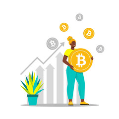 Flat illustration of woman holding a big bitcoin coin, cryptocurrency growth