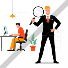 Flat illustration of confident seo expert with magnifying glass