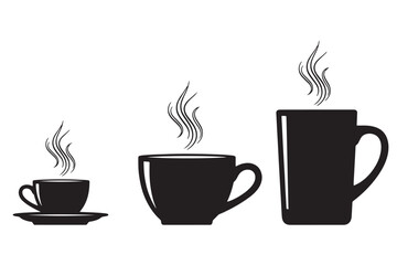 Obraz premium Three black cups of different sizes with steam isolated on white background, showcasing a progression from small to large, symbolizing growth