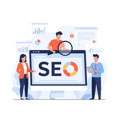 Flat illustration of team analyzing seo data on a computer screen