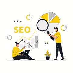 Flat illustration of seo analysis and optimization concept, team working on search engine optimization