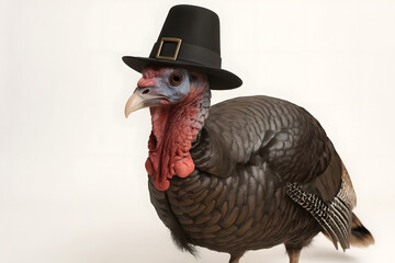 Turkey wearing a pilgrim hat for Thanksgiving