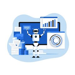 Flat illustration of robot assistant working with data and charts