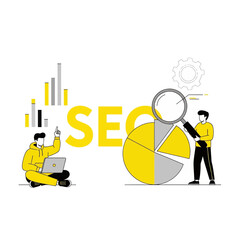 Flat illustration of seo analysis and optimization concept, team working on search engine optimization