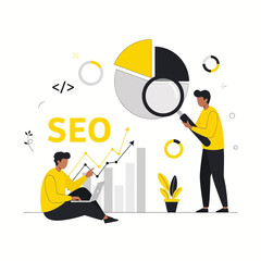 Flat illustration of seo optimization concept with people analyzing data