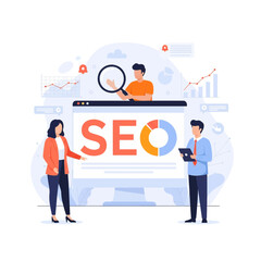 Flat illustration of seo optimization concept with team analyzing data