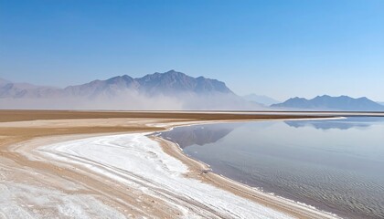 Expansive panorama of a shallow, reflective body of water and shoreline blending into a vast, pale landscape with distant mountain range