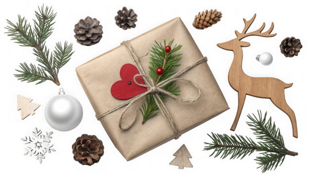 Festive christmas gift box with reindeer and ornaments presents holiday cheer and warmth