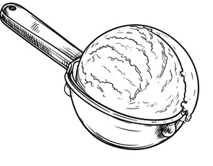 Detailed, monochromatic illustration of an ice cream scoop containing a large, spherical portion. The scoop handle is positioned to the left