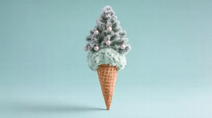 ice cream cone where instead of ice cream a miniature snow-covered Christmas tree