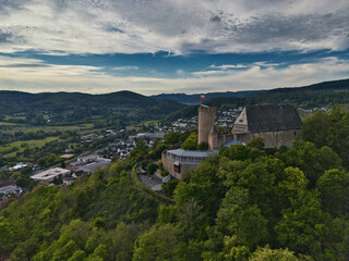 Aerial View of Medieval Castle and Surrounding Landscape