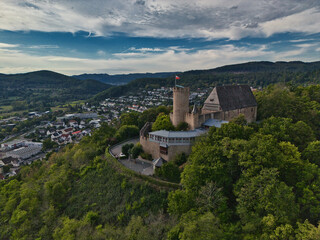 Aerial View of Medieval Castle and Surrounding Landscape