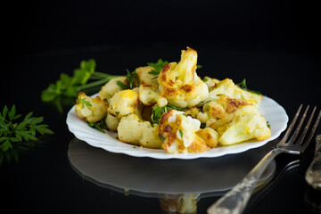 Appetizing fried cauliflower on a black background