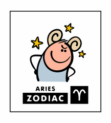 Zodiac sign Aries. Vector illustration of a cartoon man with horns like a ram or sheep stubbornly looking down. A funny character from astrology. predicting the future by the stars in the sky.