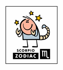 Zodiac sign Scorpio. Vector illustration of a dangerous insect with a poisonous thorn and claws. Cartoon character in masquerade costume. Astrology and astronomy among of   stars.