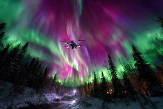 Stunning drone capture of northern lights over peaceful winter landscape at night - Powered by Adobe