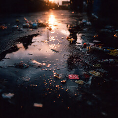 Trash Scattered on Wet Street After Protest – Silent Urban Aftermath at Sunset