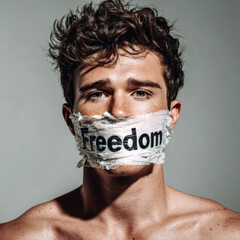 Man With Taped Mouth and “Freedom” Text – Visual Symbol of Silenced Voice and Civil Suppression