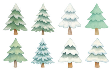 Obraz premium PNG Watercolor evergreen trees illustration, element set on transparent background