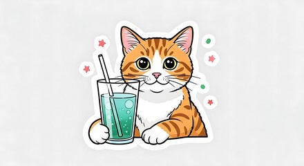 Orange Tabby Cat Enjoying a Refreshing Drink with Straw.