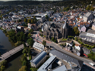 Aerial View of Historic European City with Cathedral