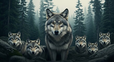 A pack of wolves stands alert in a forest environment with dense trees
