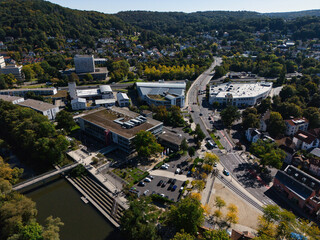 Aerial View of a Small Town with Roads and Greenery