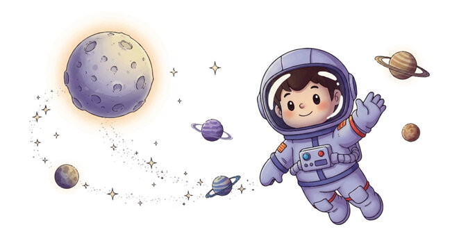 Illustration of a smiling astronaut in a purple spacesuit floating near planets, stars, and a glowing moon against a white background with a dreamy and adventurous mood.