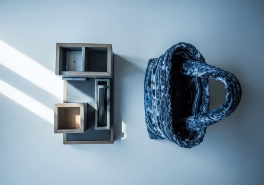 View of decorative boxes and a textile bag on a white surface isolated on white background