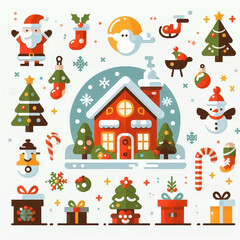 Obraz premium Christmas illustration of a house gifts snowman Santa Christmas trees all in a flat modern style