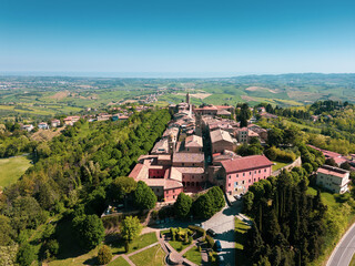 Italy, October 2025: Aerial view of the medieval village of Saludecio in the Province of Rimini in Emilia-Romagna.