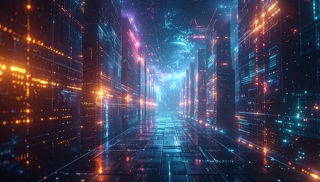 Digital tunnel or portal. Electronic data pathways and glowing structures converge toward a brilliant, distant light source. Colorful hues illuminate the scene