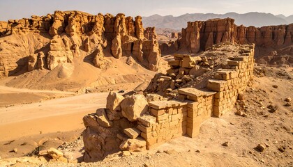 Expansive view of a desert landscape. Crumbling stone structure sits along a rugged ridge, flanked by canyon walls. Mountains rise in the distant horizon