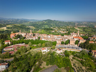 Italy, October 2025: Aerial view of the medieval village of Saludecio in the Province of Rimini in Emilia-Romagna.