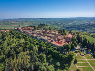 Italy, October 2025: Aerial view of the medieval village of Saludecio in the Province of Rimini in Emilia-Romagna.