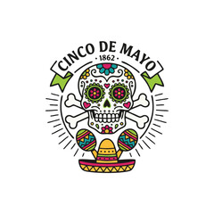Cinco de Mayo Sugar Skull Emblem | Maraca Icon with Sombrero for Mexican Fiesta & Cultural Events