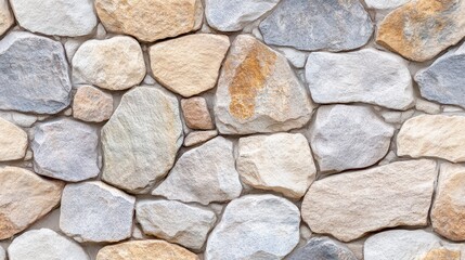 Obraz premium Stone Wall: A close-up shot of a textured stone wall, showcasing an assortment of rugged, weathered stones meticulously arranged, highlighting the natural beauty of the stones and the craftsmanship. 