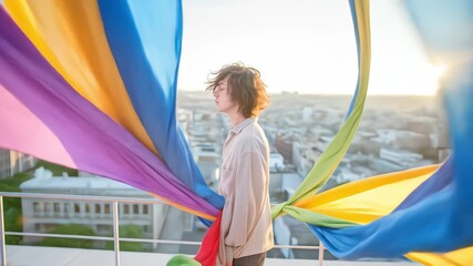 A serene person stands on a rooftop wrapped in a flowing rainbow fabric, symbolizing freedom, pride, and acceptance against a city skyline - Powered by Adobe