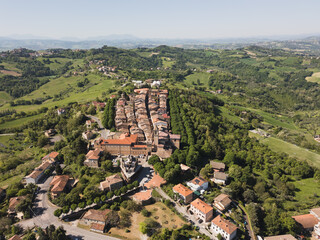 Italy, October 2025: Aerial view of the medieval village of Saludecio in the Province of Rimini in Emilia-Romagna.