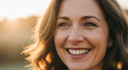 Close-up of a smiling woman with sun-kissed hair, looking off-camera