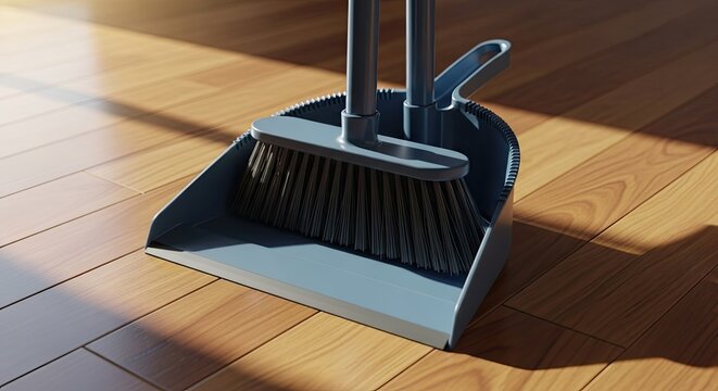 Dustpan and broom set on hardwood floor, lit by sunlight. Focus on cleaning tools