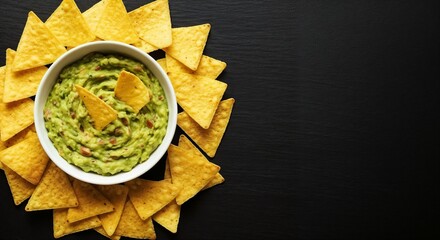 Creamy guacamole served in a bowl surrounded by crunchy tortilla chips on black background. Guacamole creates appetizing snack experience with fresh flavors of avocado and spices.